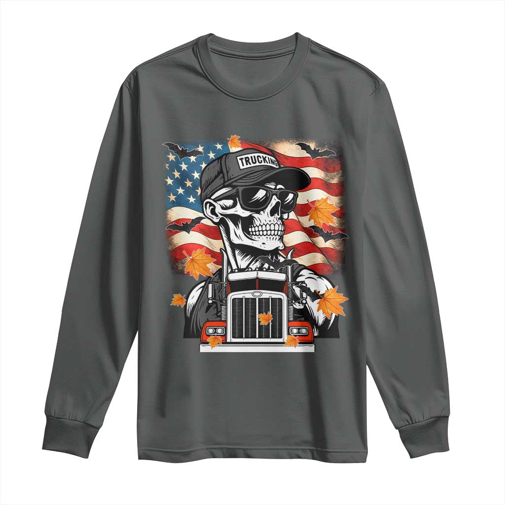 Patriotic Trucker Skeleton American Flag Long Sleeve Shirt TS14 Dark Heather Print Your Wear