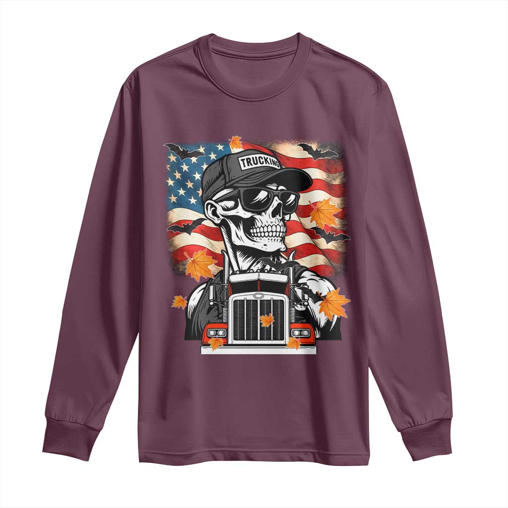 Patriotic Trucker Skeleton American Flag Long Sleeve Shirt TS14 Maroon Print Your Wear