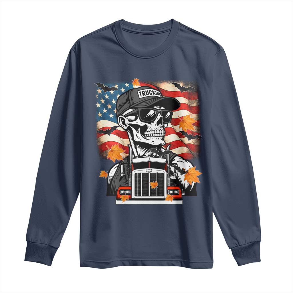 Patriotic Trucker Skeleton American Flag Long Sleeve Shirt TS14 Navy Print Your Wear