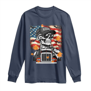 Patriotic Trucker Skeleton American Flag Long Sleeve Shirt TS14 Navy Print Your Wear