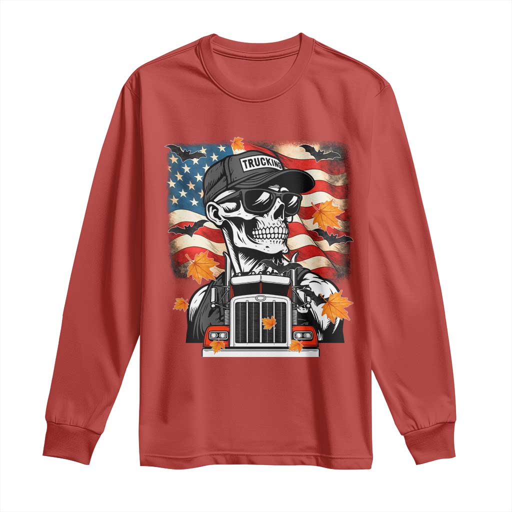Patriotic Trucker Skeleton American Flag Long Sleeve Shirt TS14 Red Print Your Wear