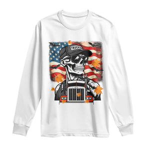 Patriotic Trucker Skeleton American Flag Long Sleeve Shirt TS14 White Print Your Wear