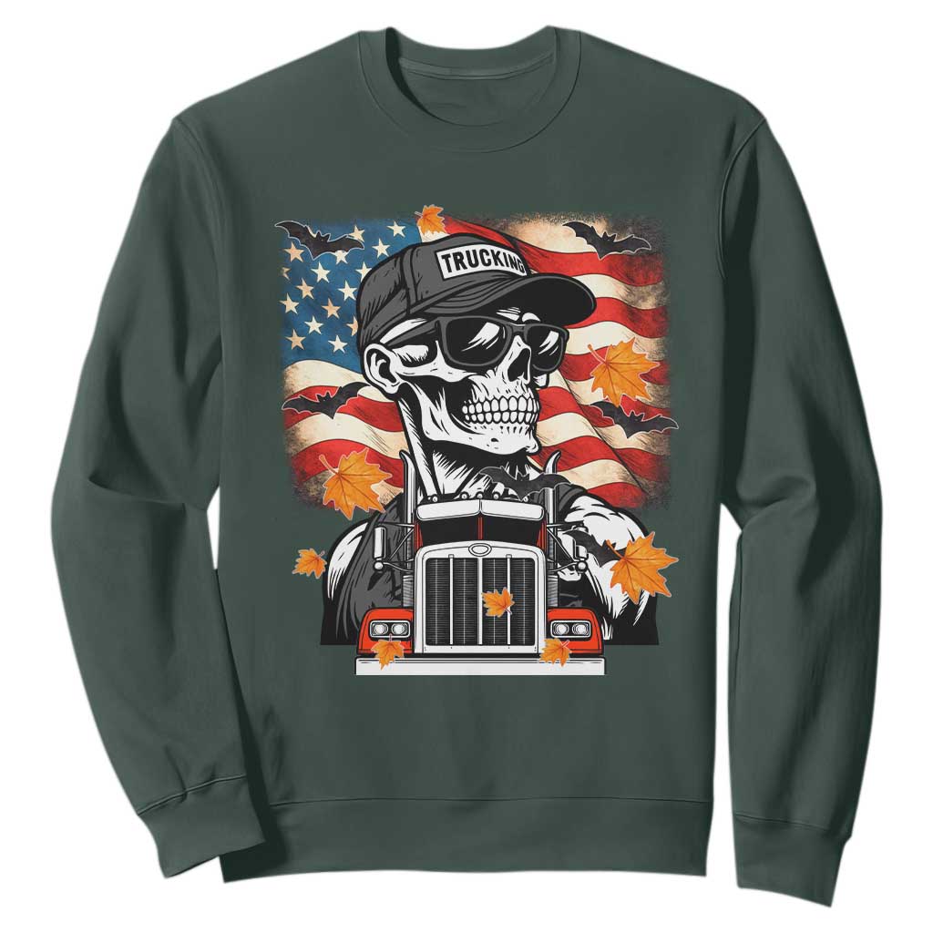 Patriotic Trucker Skeleton American Flag Sweatshirt TS14 Dark Forest Green Print Your Wear