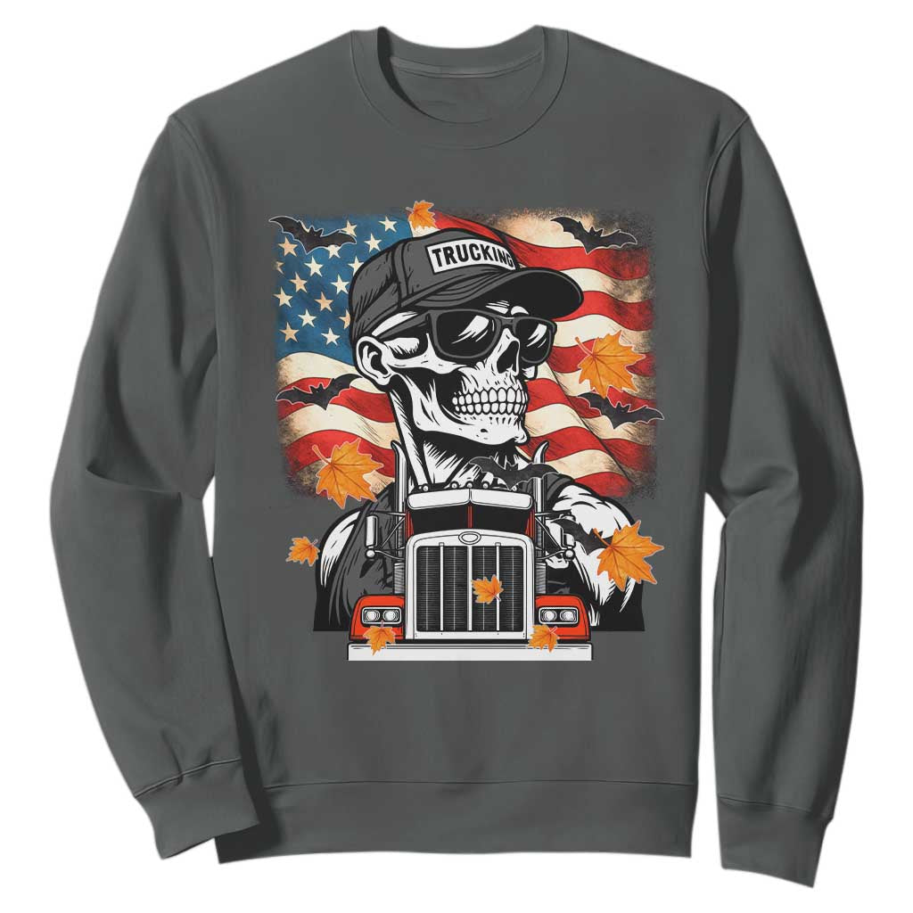 Patriotic Trucker Skeleton American Flag Sweatshirt TS14 Dark Heather Print Your Wear