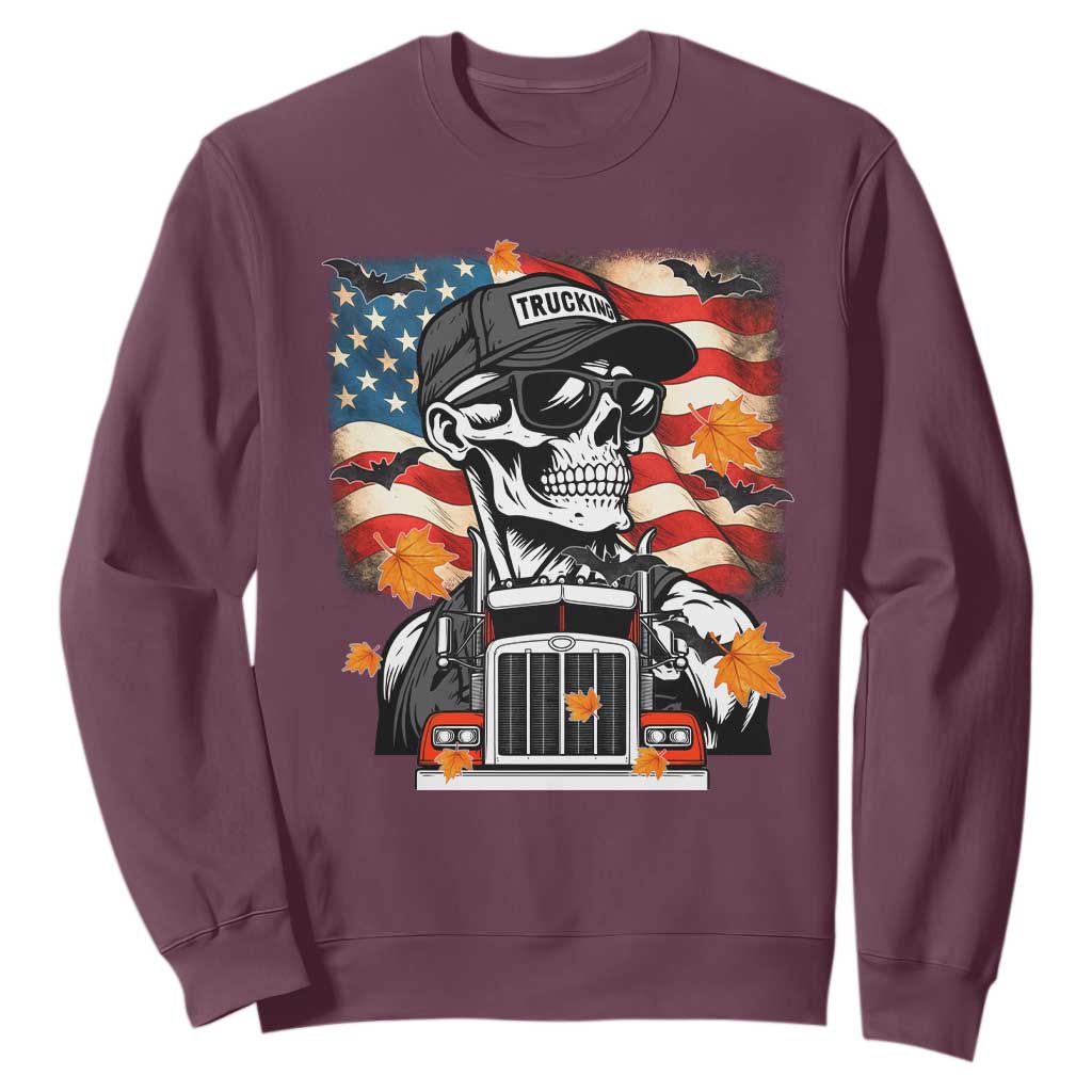 Patriotic Trucker Skeleton American Flag Sweatshirt TS14 Maroon Print Your Wear