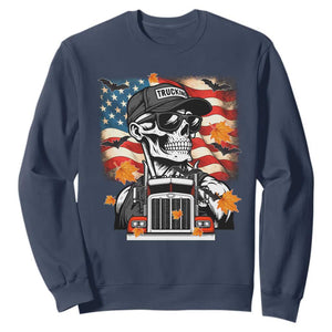 Patriotic Trucker Skeleton American Flag Sweatshirt TS14 Navy Print Your Wear