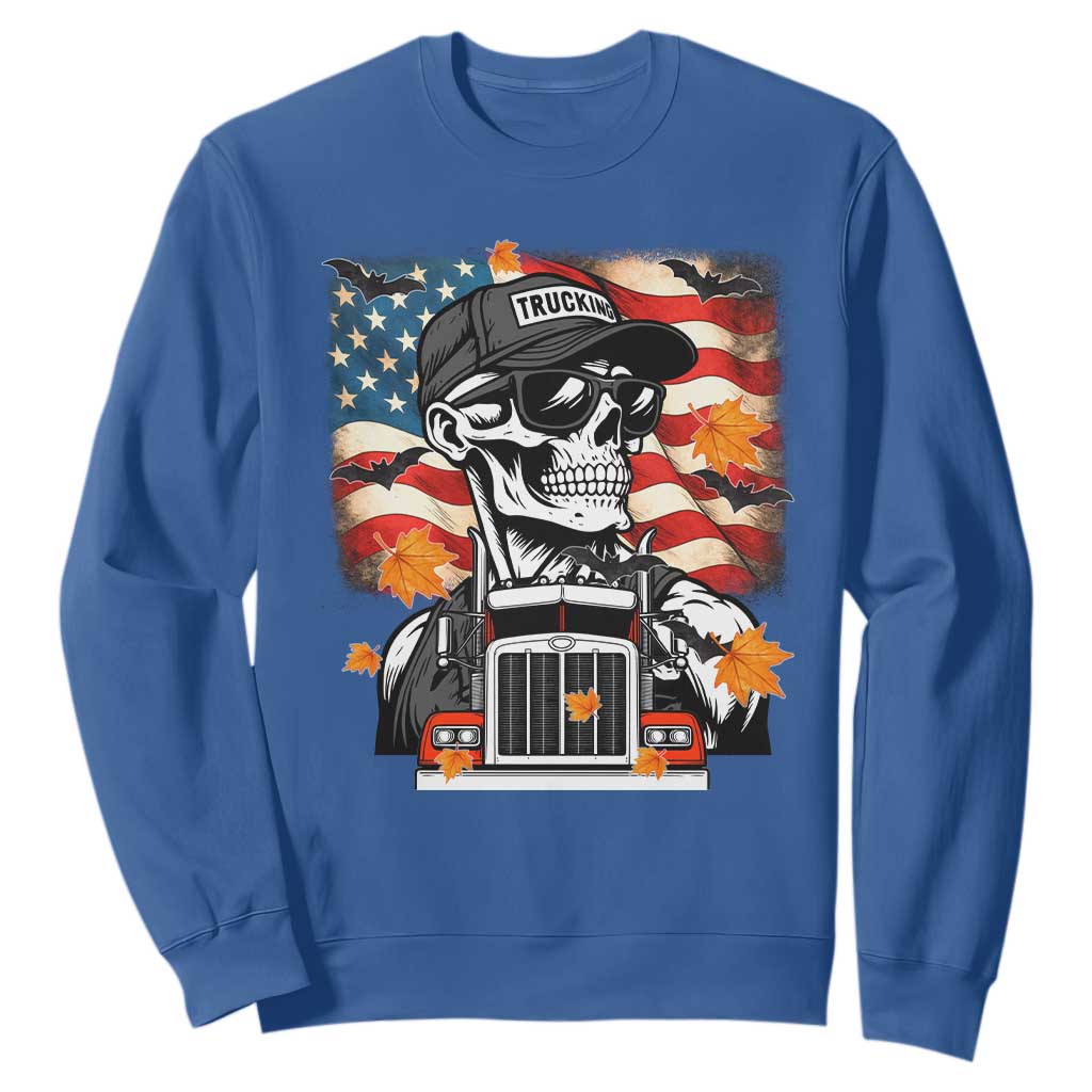 Patriotic Trucker Skeleton American Flag Sweatshirt TS14 Royal Blue Print Your Wear