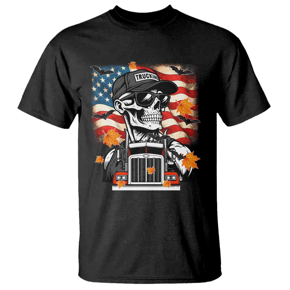 Patriotic Trucker Skeleton American Flag T Shirt TS14 Black Print Your Wear