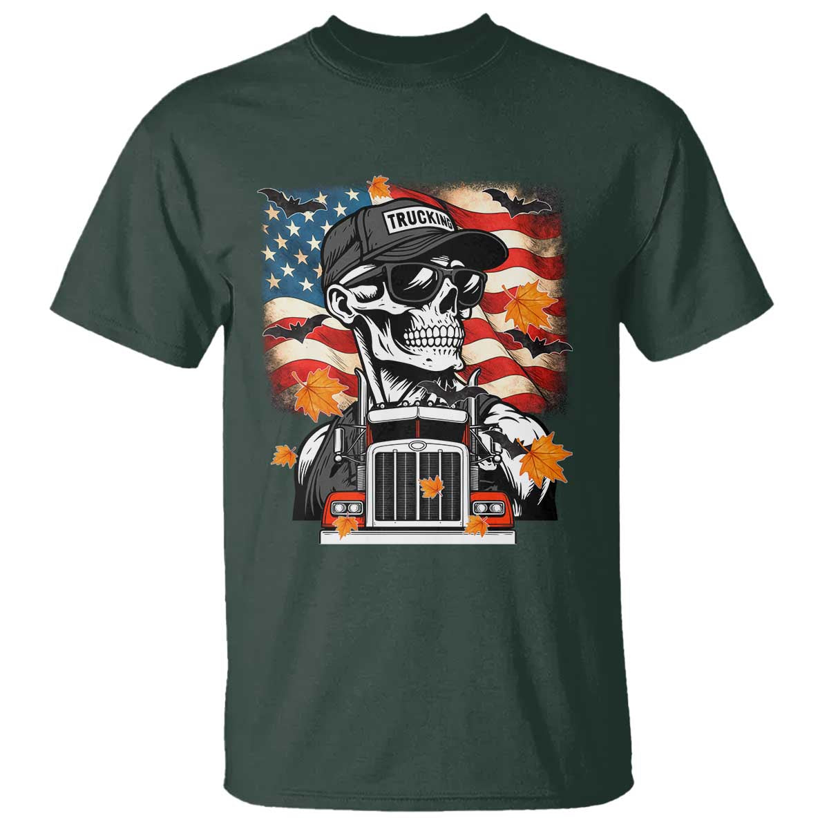 Patriotic Trucker Skeleton American Flag T Shirt TS14 Dark Forest Green Print Your Wear