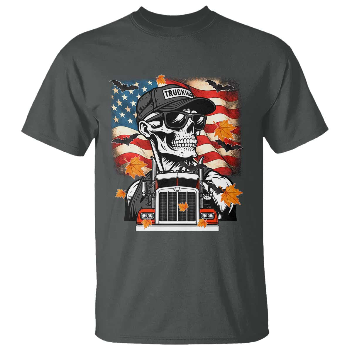 Patriotic Trucker Skeleton American Flag T Shirt TS14 Dark Heather Print Your Wear