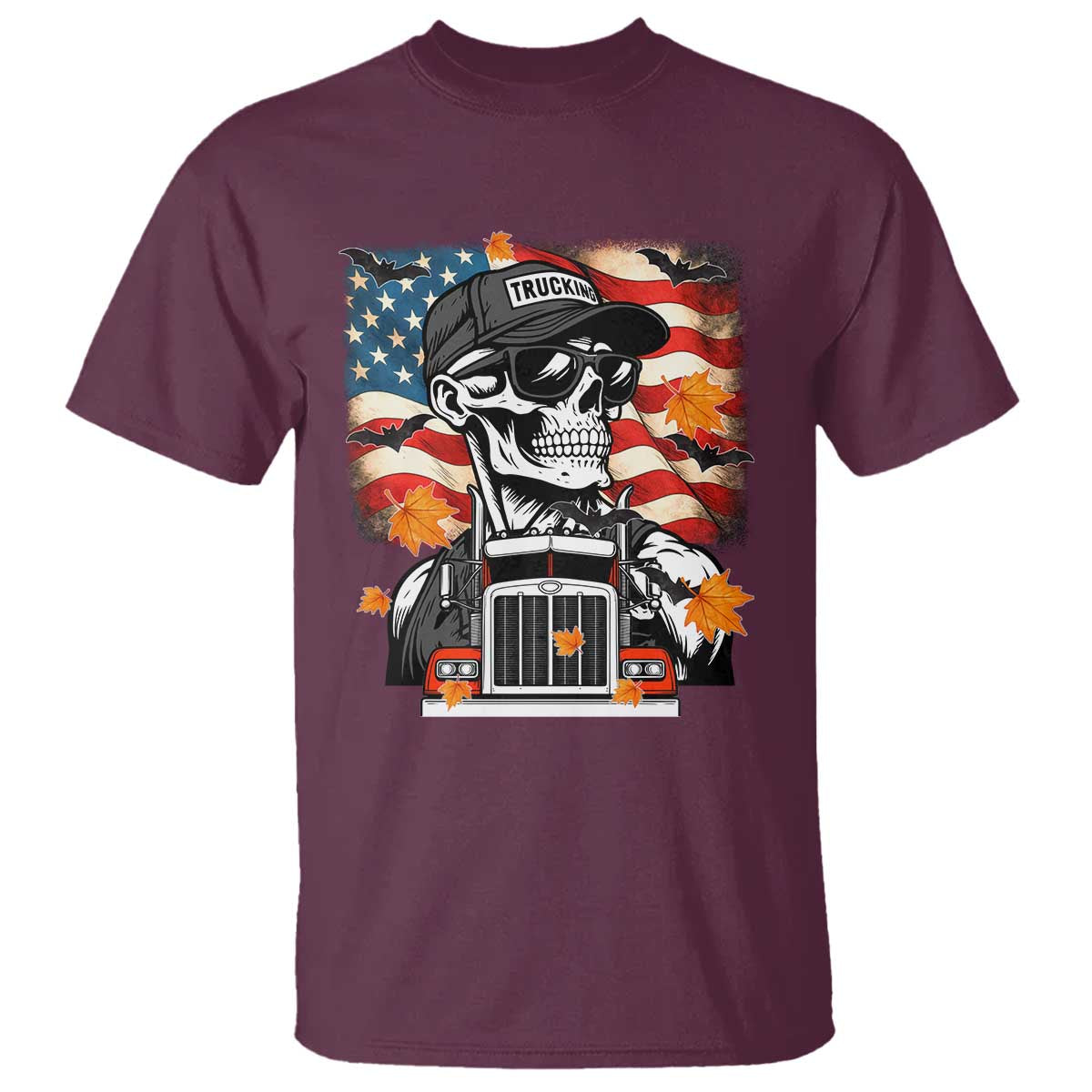 Patriotic Trucker Skeleton American Flag T Shirt TS14 Maroon Print Your Wear