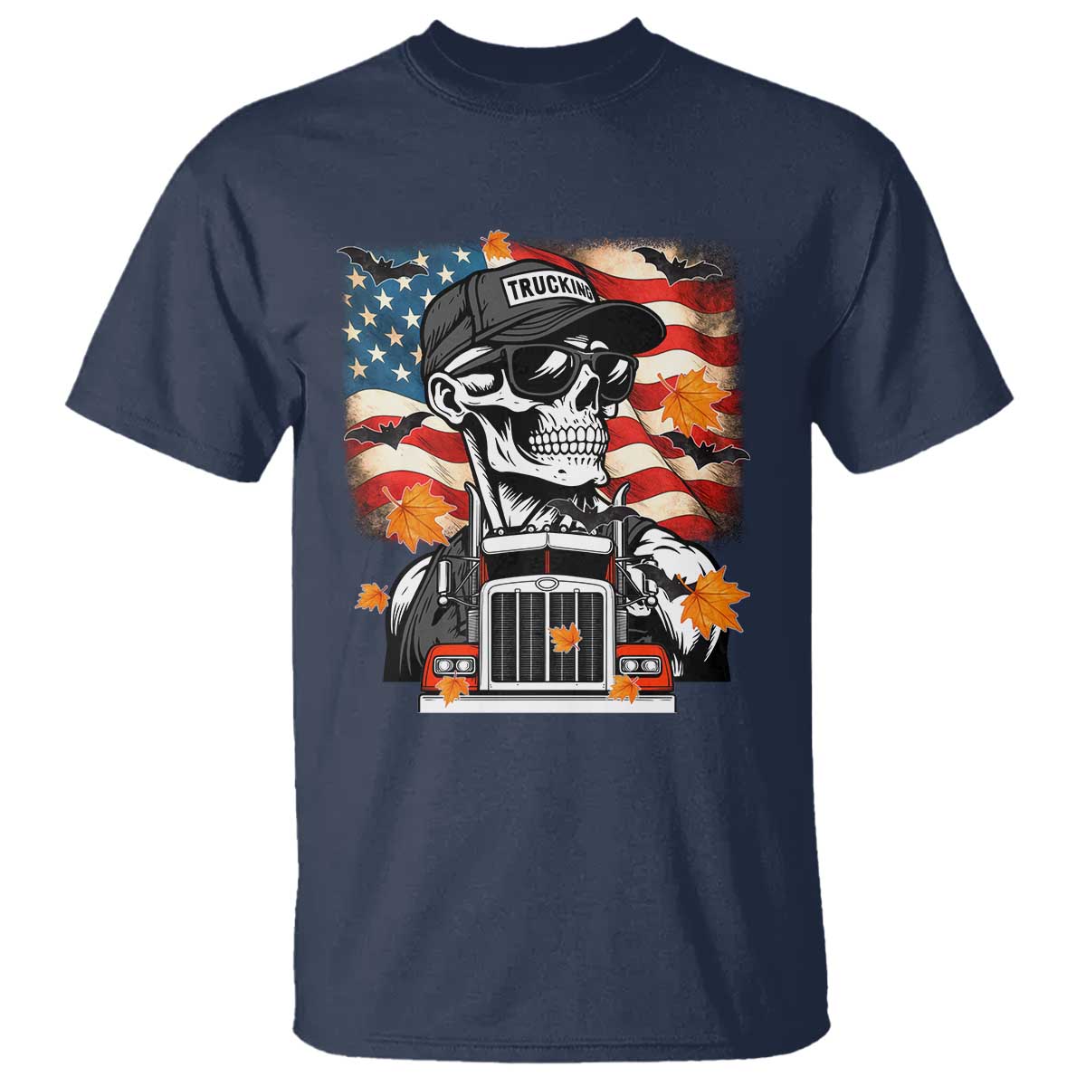 Patriotic Trucker Skeleton American Flag T Shirt TS14 Navy Print Your Wear