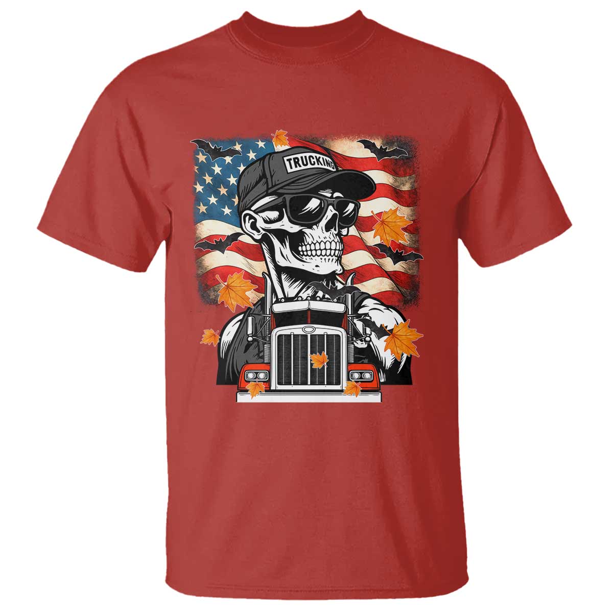 Patriotic Trucker Skeleton American Flag T Shirt TS14 Red Print Your Wear