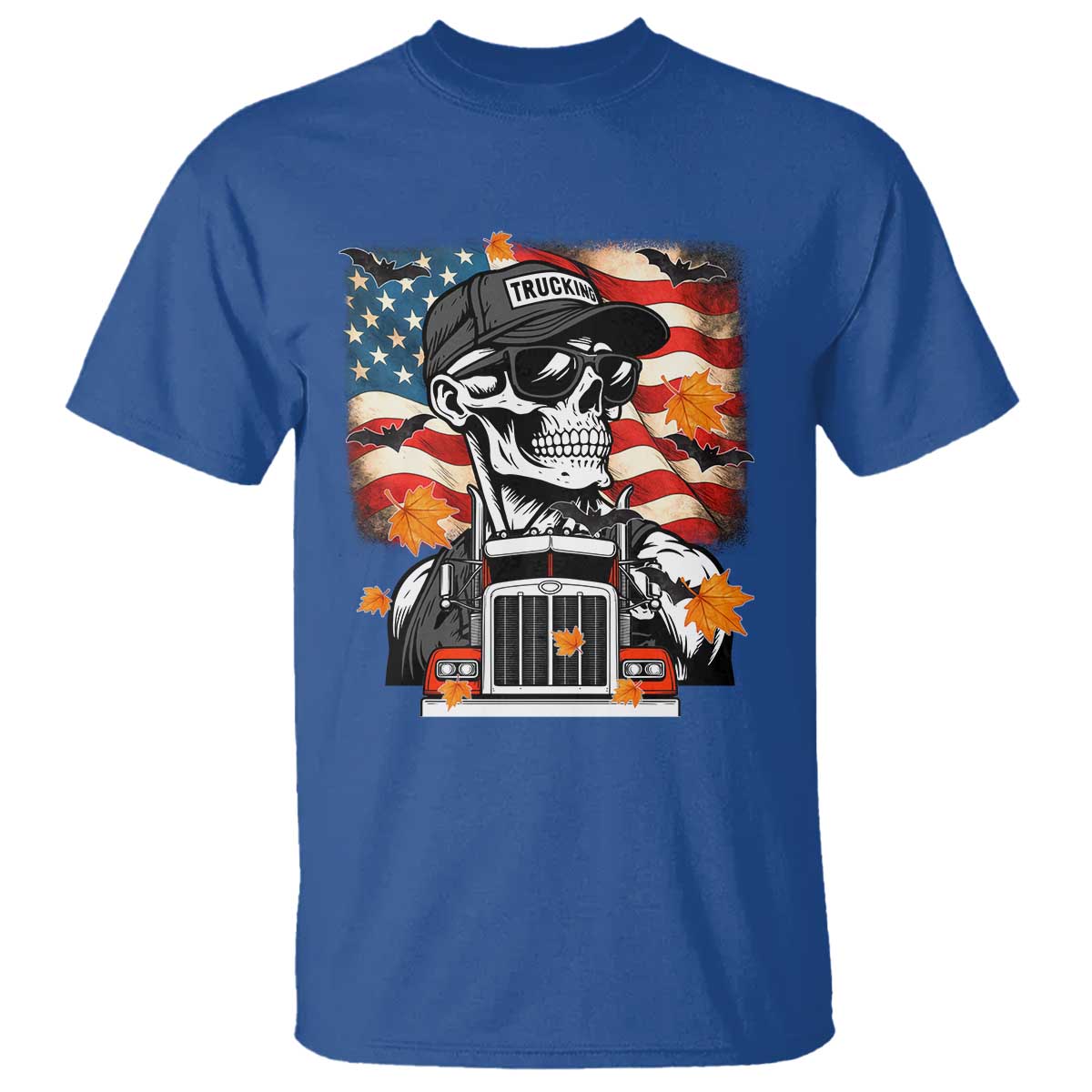 Patriotic Trucker Skeleton American Flag T Shirt TS14 Royal Blue Print Your Wear