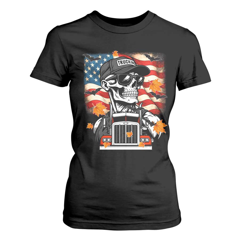 Patriotic Trucker Skeleton American Flag T Shirt For Women - Print Your Wear