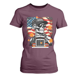 Patriotic Trucker Skeleton American Flag T Shirt For Women TS14 Maroon Print Your Wear