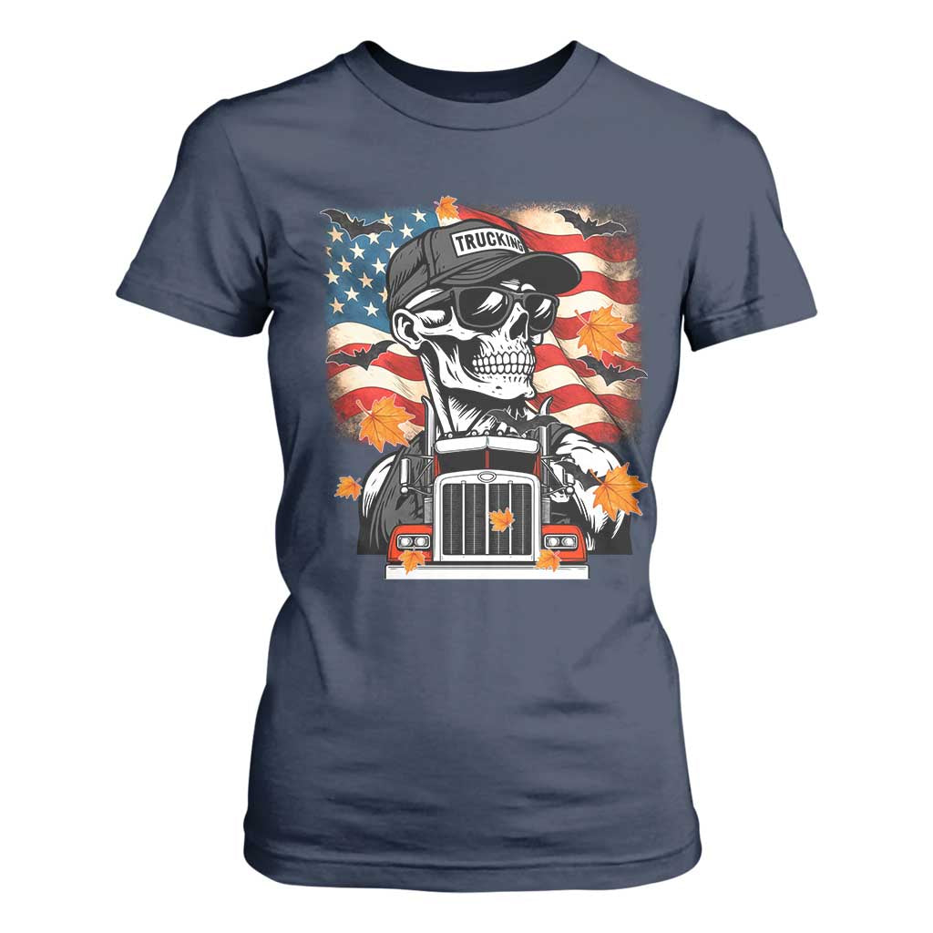 Patriotic Trucker Skeleton American Flag T Shirt For Women - Print Your Wear