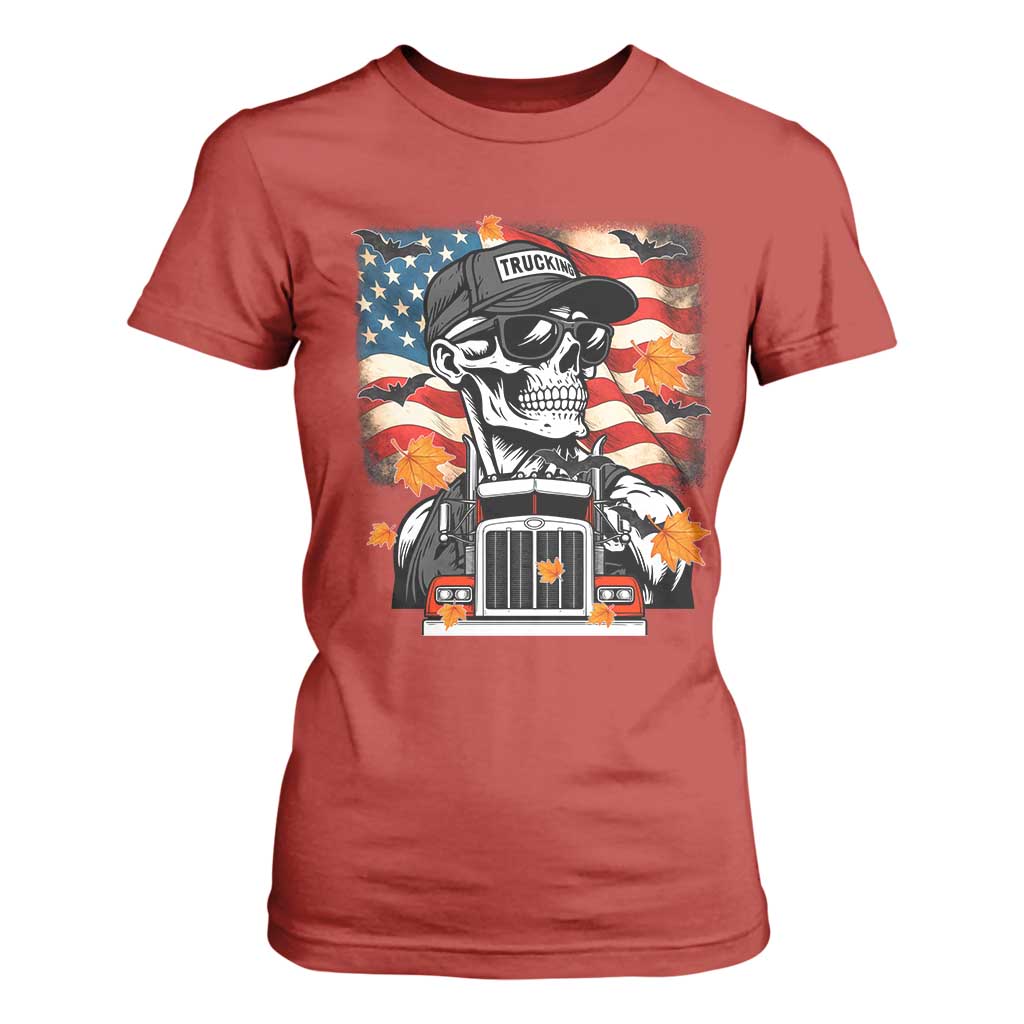 Patriotic Trucker Skeleton American Flag T Shirt For Women - Print Your Wear