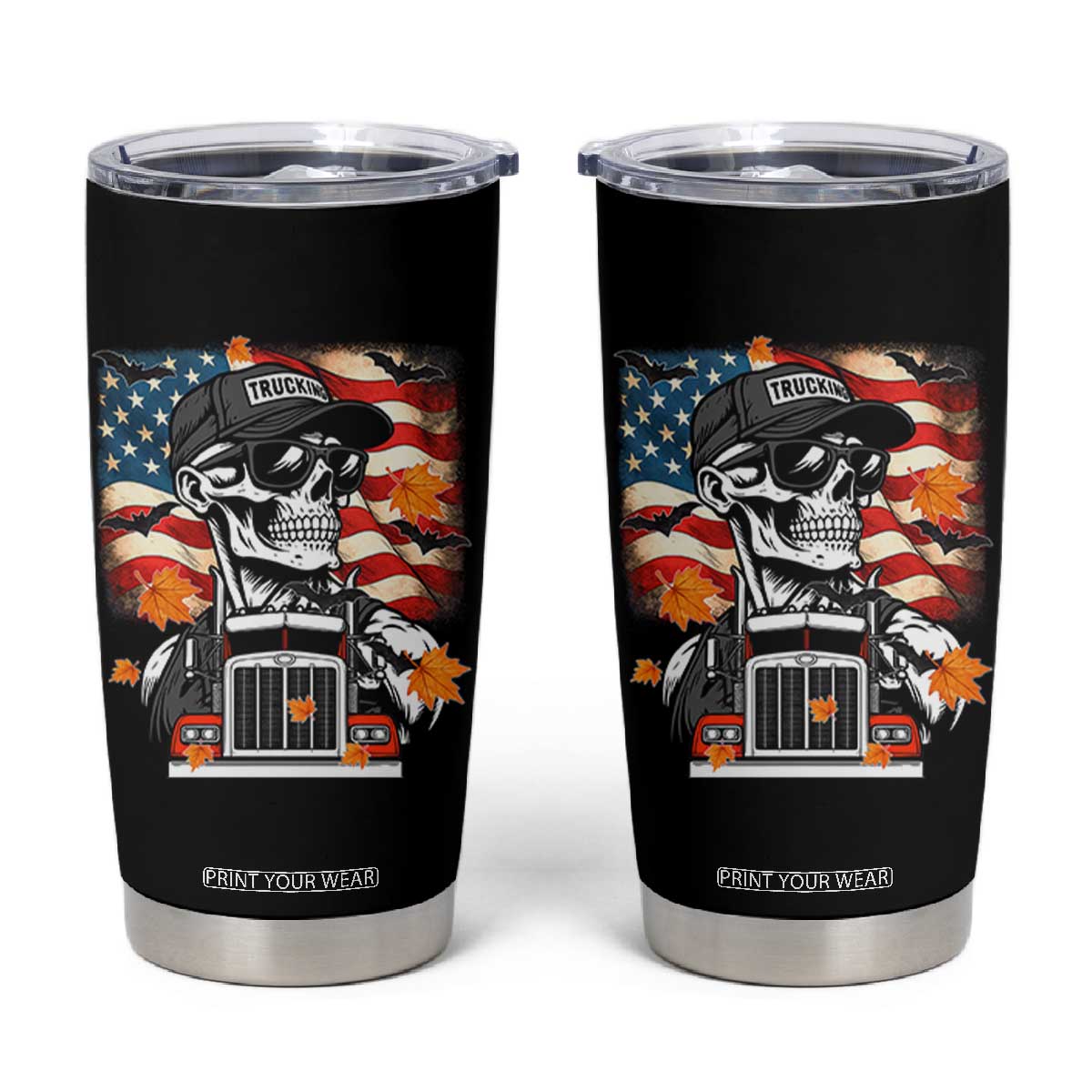 Patriotic Trucker Skeleton American Flag Tumbler Cup TS14 Black Print Your Wear