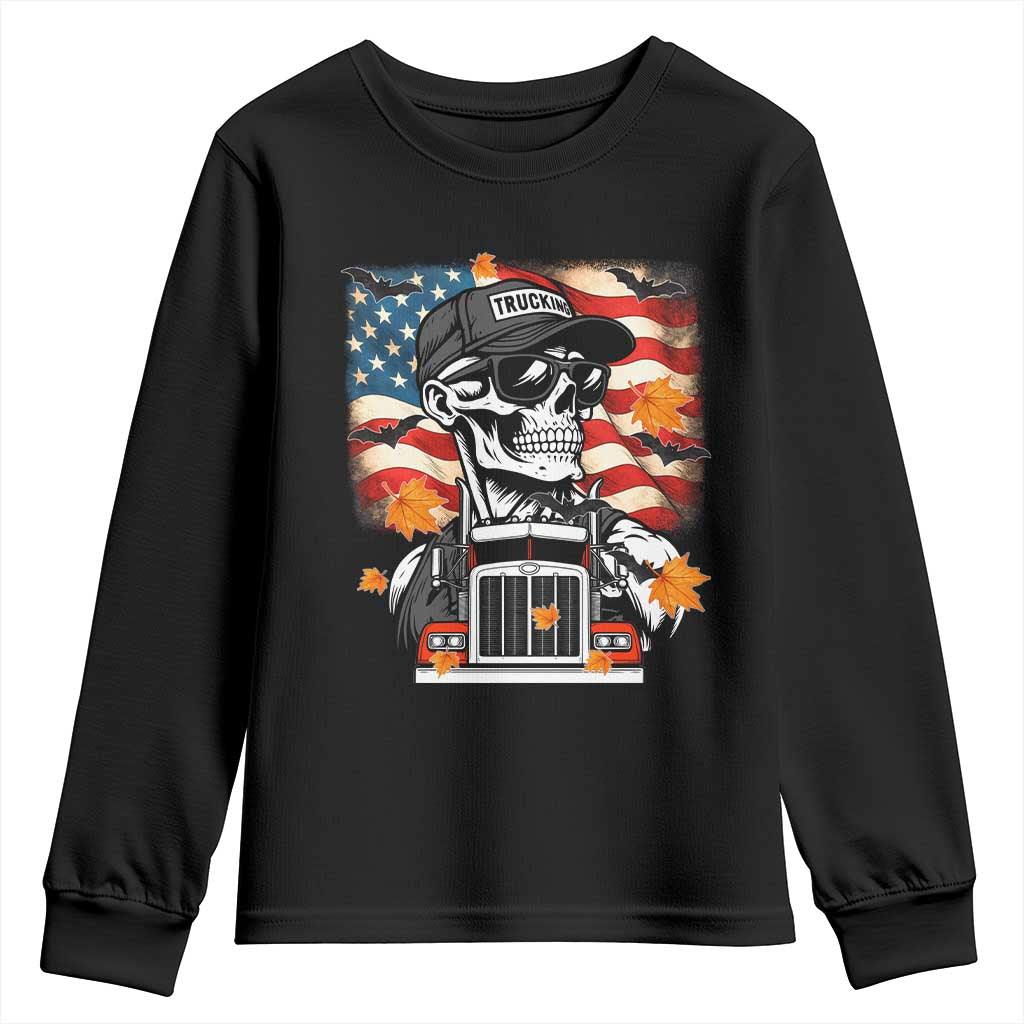 Patriotic Trucker Skeleton American Flag Youth Sweatshirt TS14 Black Print Your Wear