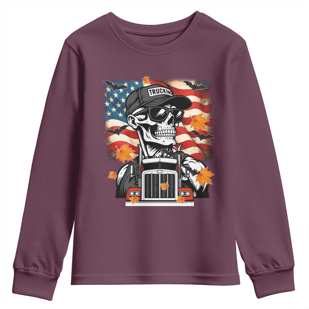 Patriotic Trucker Skeleton American Flag Youth Sweatshirt TS14 Maroon Print Your Wear