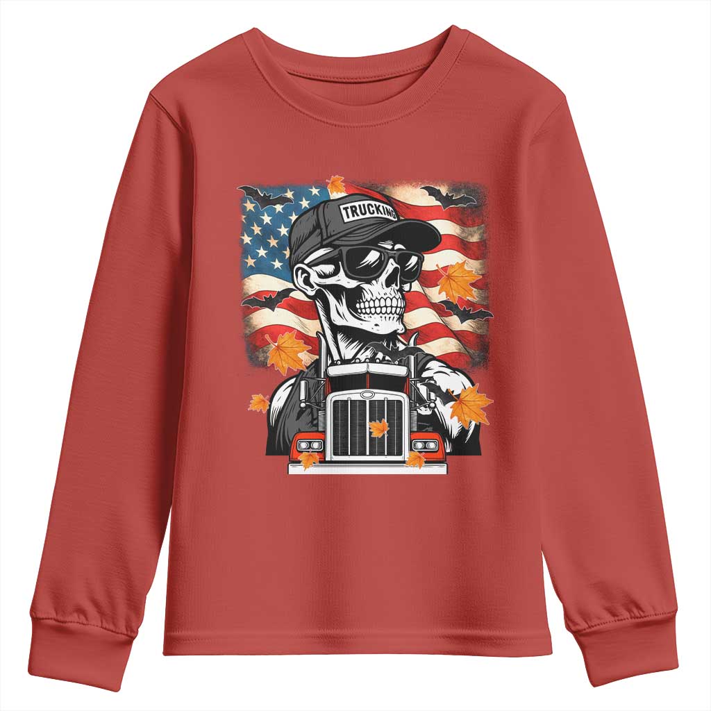 Patriotic Trucker Skeleton American Flag Youth Sweatshirt TS14 Red Print Your Wear