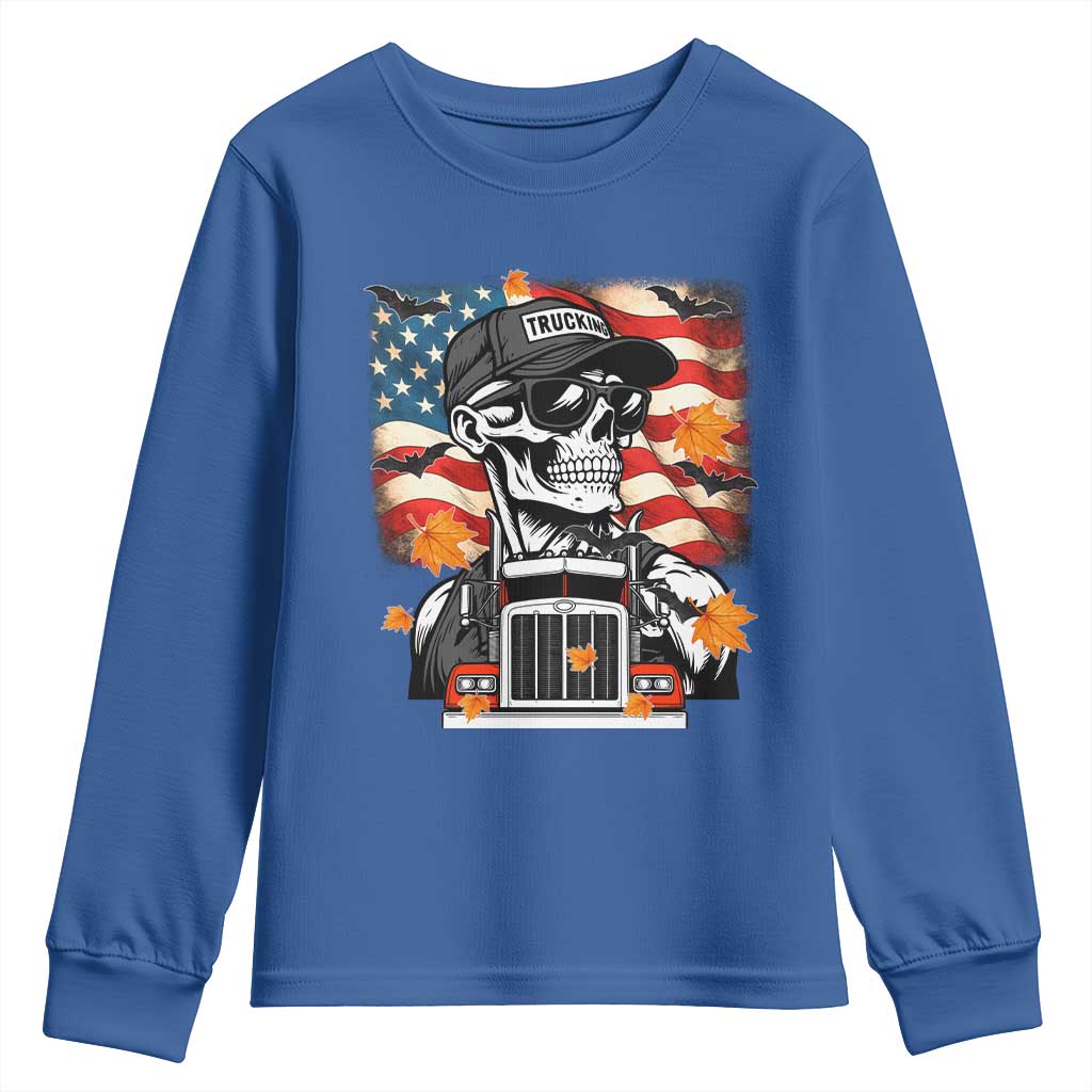 Patriotic Trucker Skeleton American Flag Youth Sweatshirt TS14 Royal Blue Print Your Wear