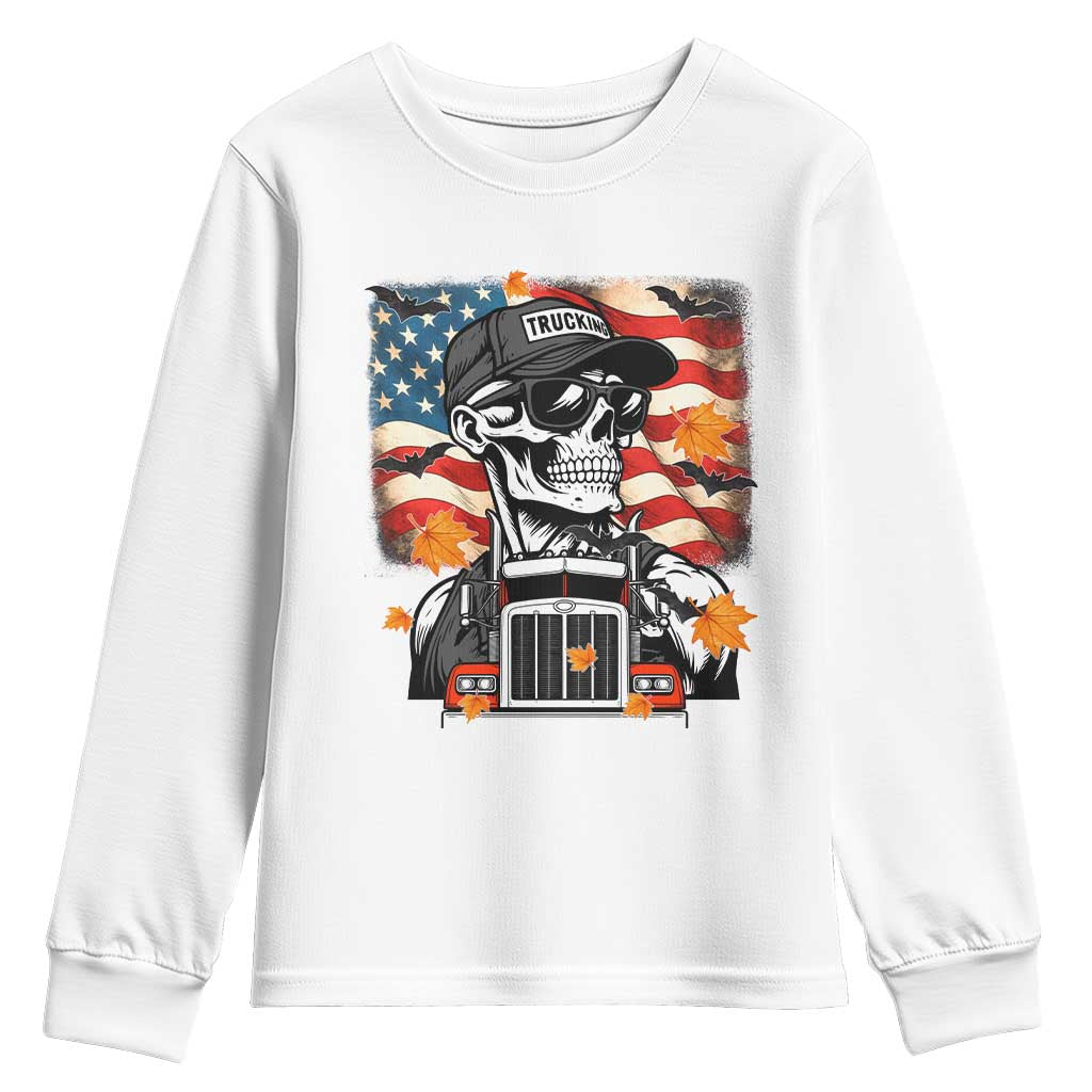 Patriotic Trucker Skeleton American Flag Youth Sweatshirt TS14 White Print Your Wear
