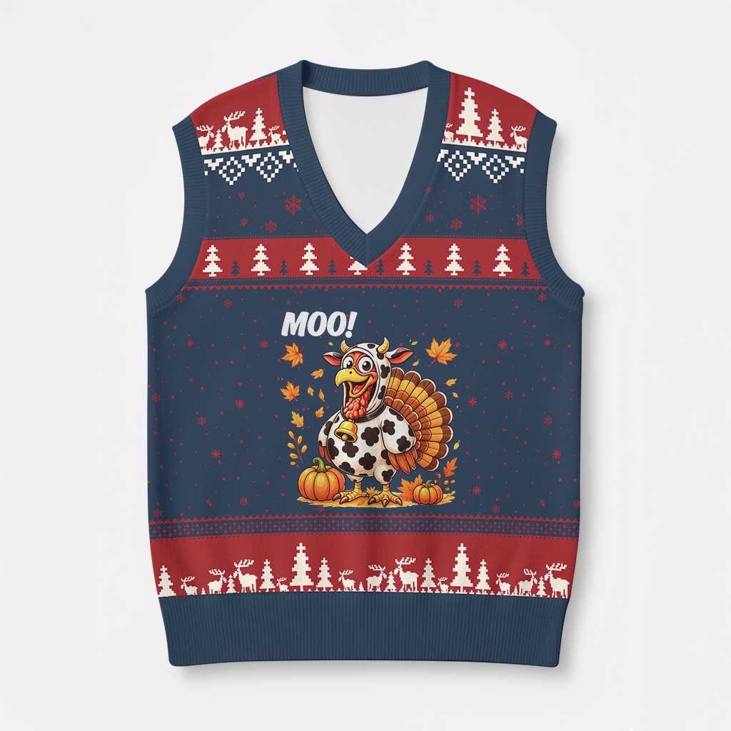 Funny Thanksgiving V-Neck Knit Sweater Vest Turkey Moo TS14 Navy Red Print Your Wear