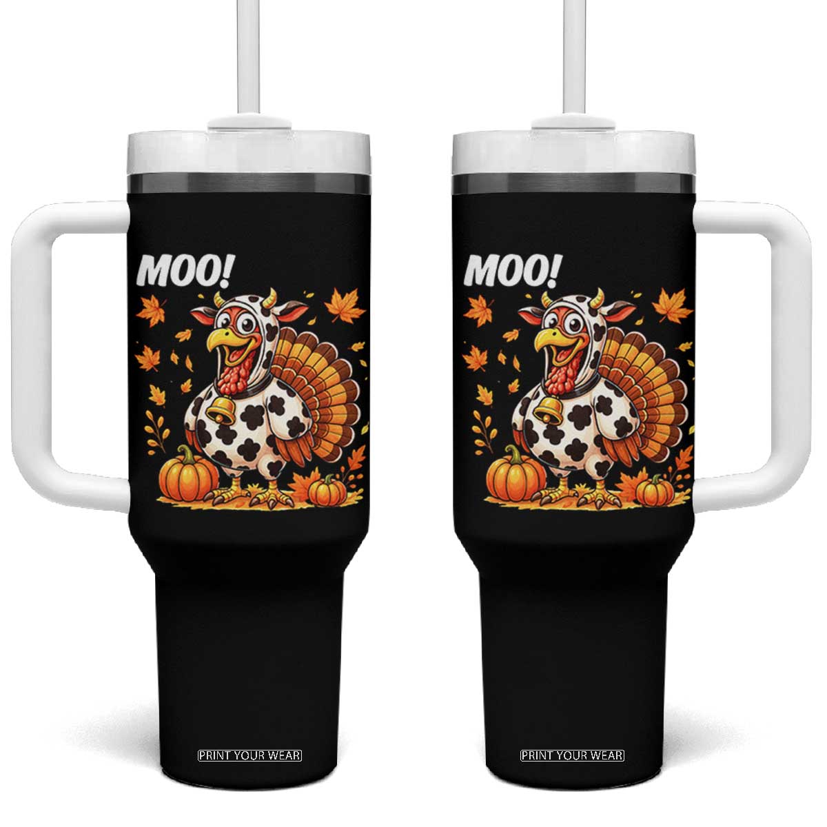 Funny Thanksgiving Tumbler With Handle Turkey Moo - Print Your Wear