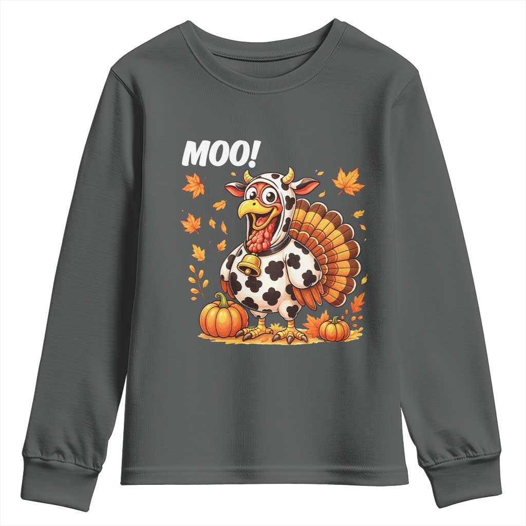 Funny Thanksgiving Youth Sweatshirt Turkey Moo TS14 Dark Heather Print Your Wear