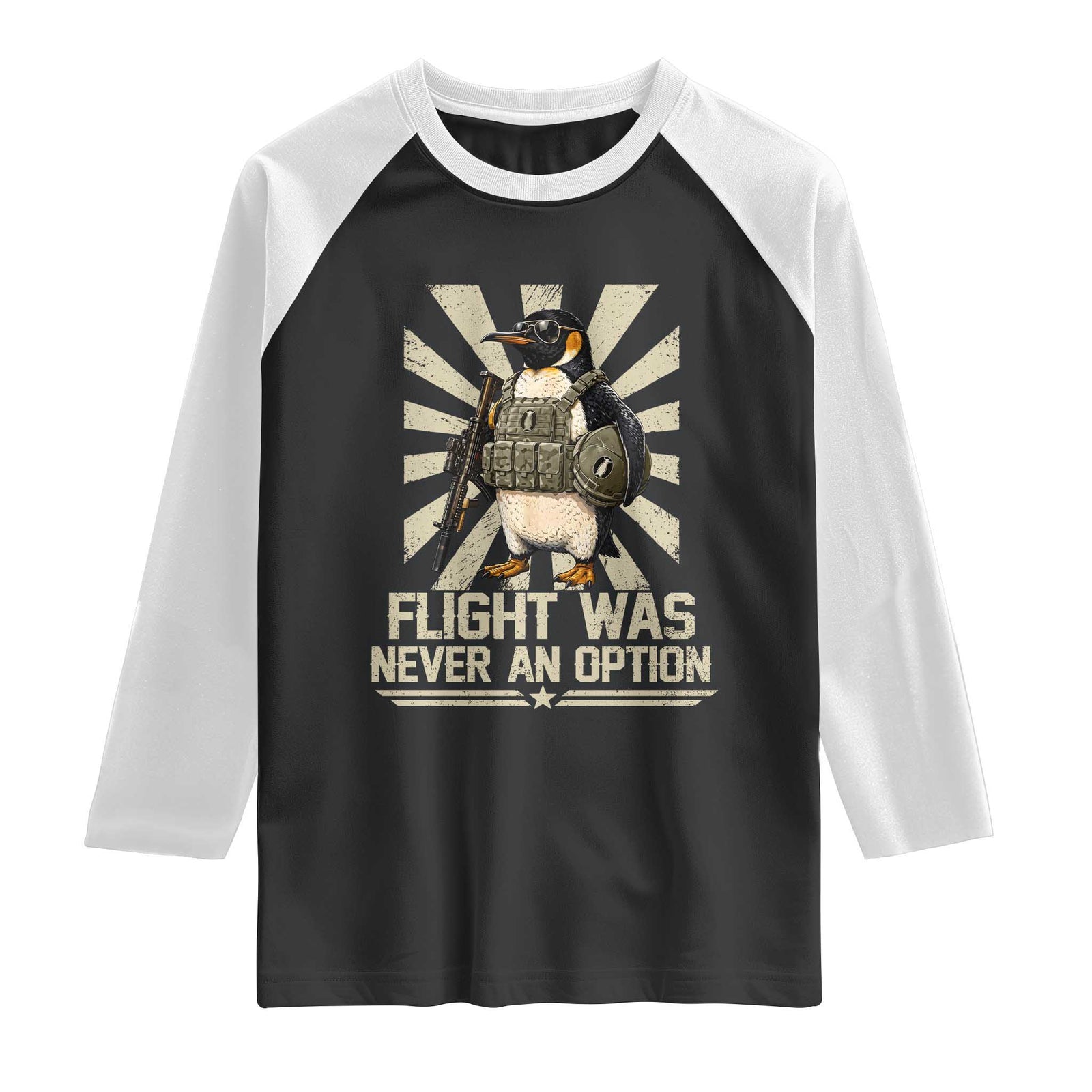 Flight was Never an Option Tactical Penguin Raglan Shirt Funny Bird Meme TS14 Black White Print Your Wear