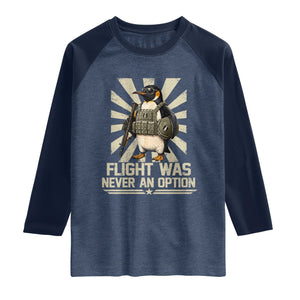Flight was Never an Option Tactical Penguin Raglan Shirt Funny Bird Meme TS14 Heather Denim Navy Print Your Wear