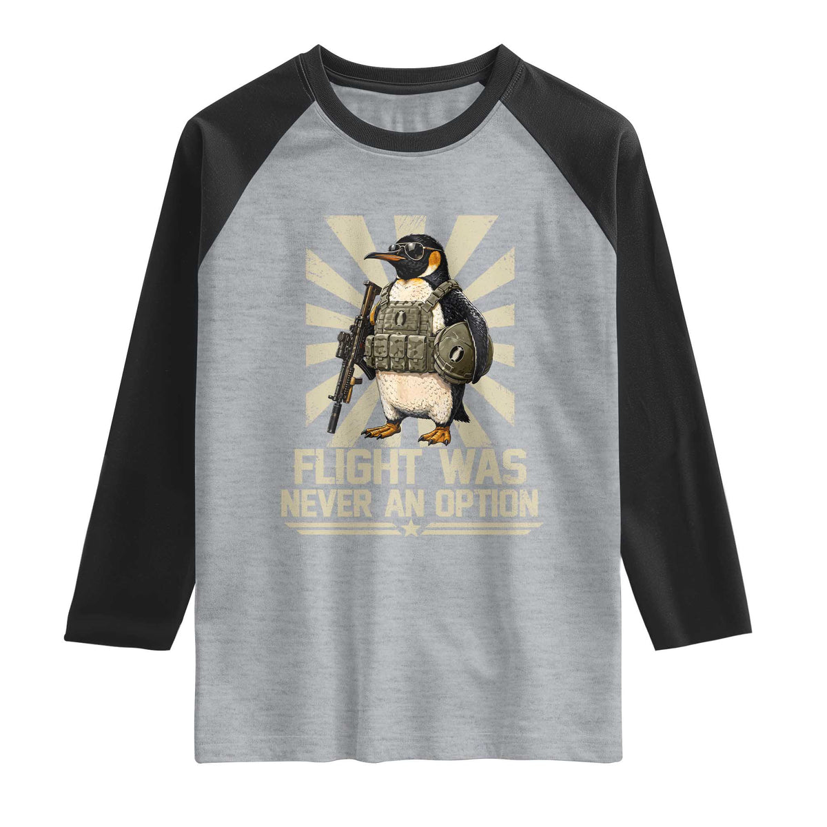 Flight was Never an Option Tactical Penguin Raglan Shirt Funny Bird Meme TS14 Heather Gray Black Print Your Wear