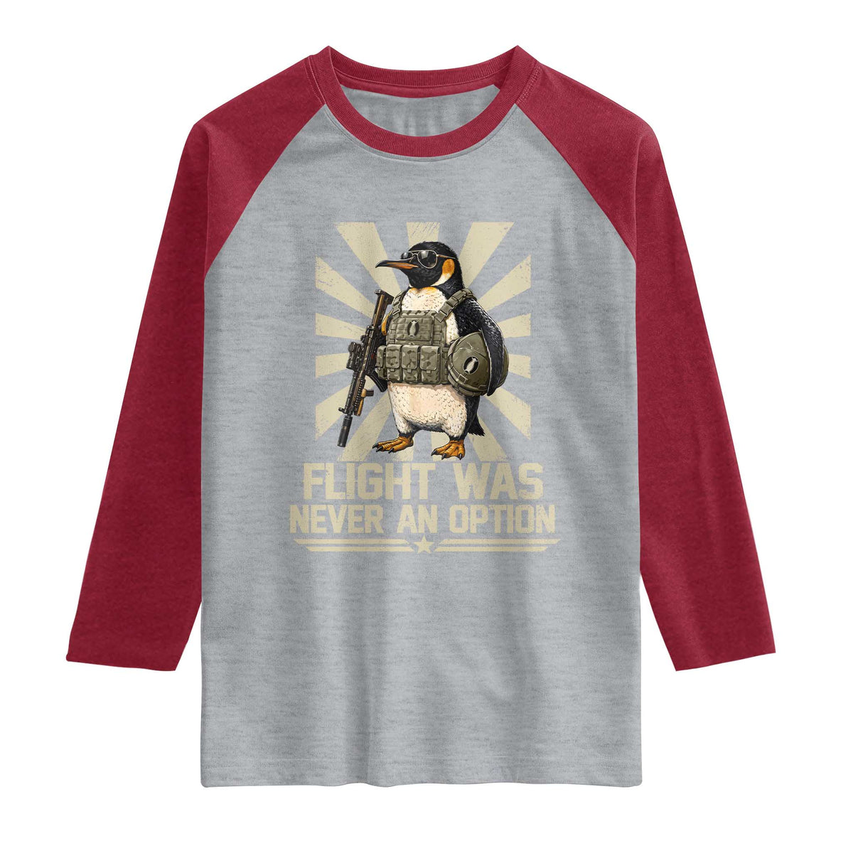 Flight was Never an Option Tactical Penguin Raglan Shirt Funny Bird Meme TS14 Heather Gray Heather Red Print Your Wear