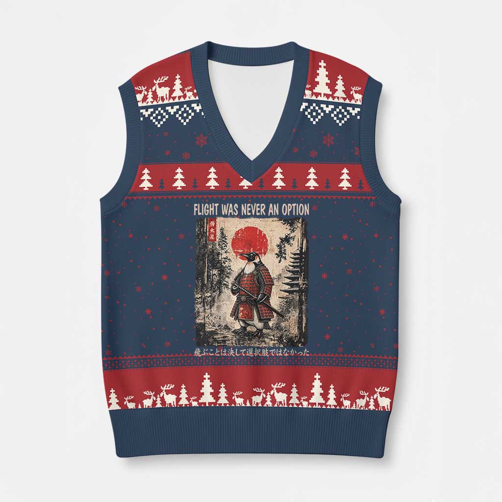 Flight was Never an Option Samurai Penguin Japanese V-Neck Knit Sweater Vest Vintage Graphic Ukiyo-e Art Funny TS14 Navy Red Print Your Wear