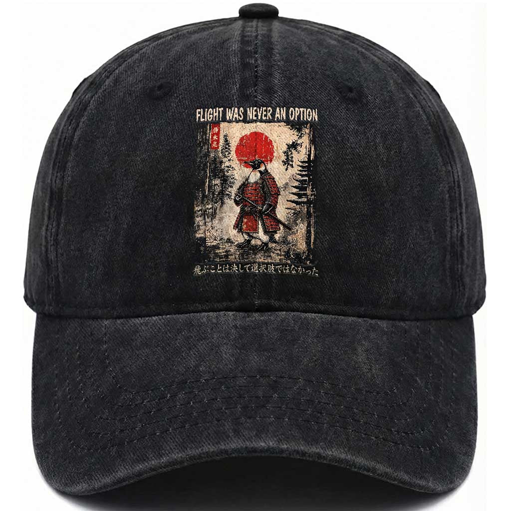 Flight was Never an Option Samurai Penguin Japanese Washed Cotton Baseball Cap Vintage Graphic Ukiyo-e Art Funny TS14 Print Your Wear