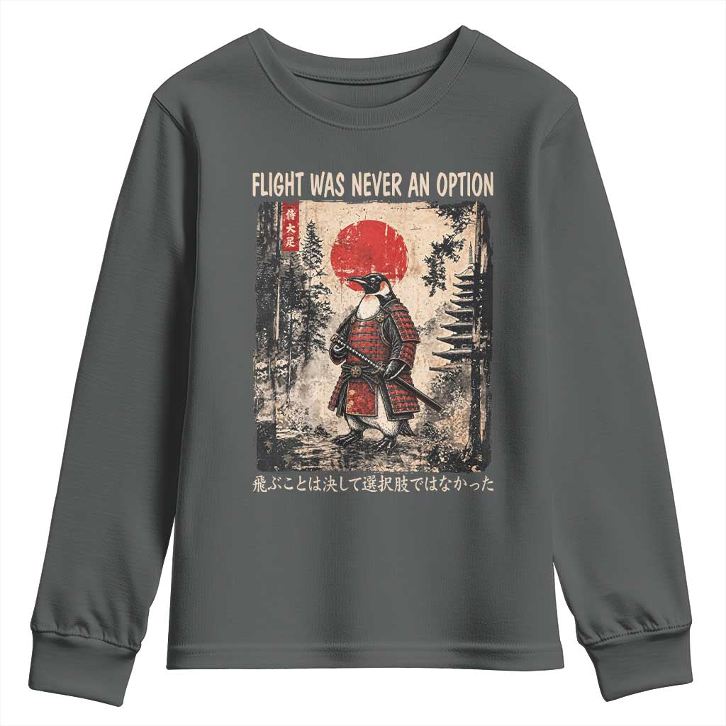 Flight was Never an Option Samurai Penguin Japanese Youth Sweatshirt Vintage Graphic Ukiyo-e Art Funny TS14 Dark Heather Print Your Wear
