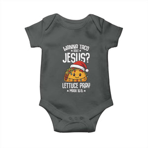 Funny Taco Christmas Baby Onesie Wanna Taco Bout Jesus Lettuce Pray Mark 16:15 TS14 Dark Heather Print Your Wear