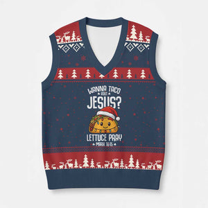Funny Taco Xmas V-Neck Knit Sweater Vest Wanna Taco Bout Jesus Lettuce Pray Mark 16:15 TS14 Navy Red Print Your Wear