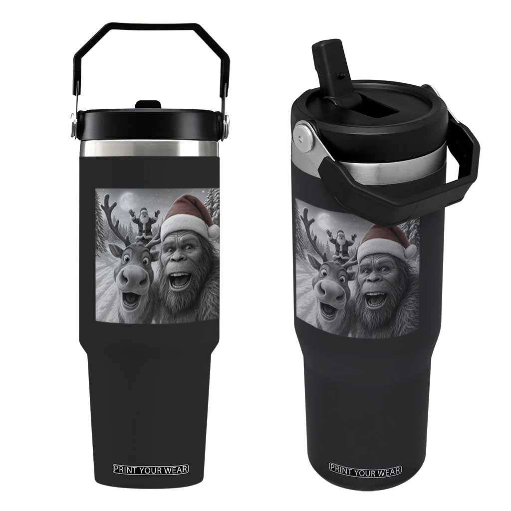 Funny Bigfoot Selfie Christmas Flip Straw Tumbler Santa Reindeer Sasquatch Xmas TS14 One Size: 30 oz Black Print Your Wear
