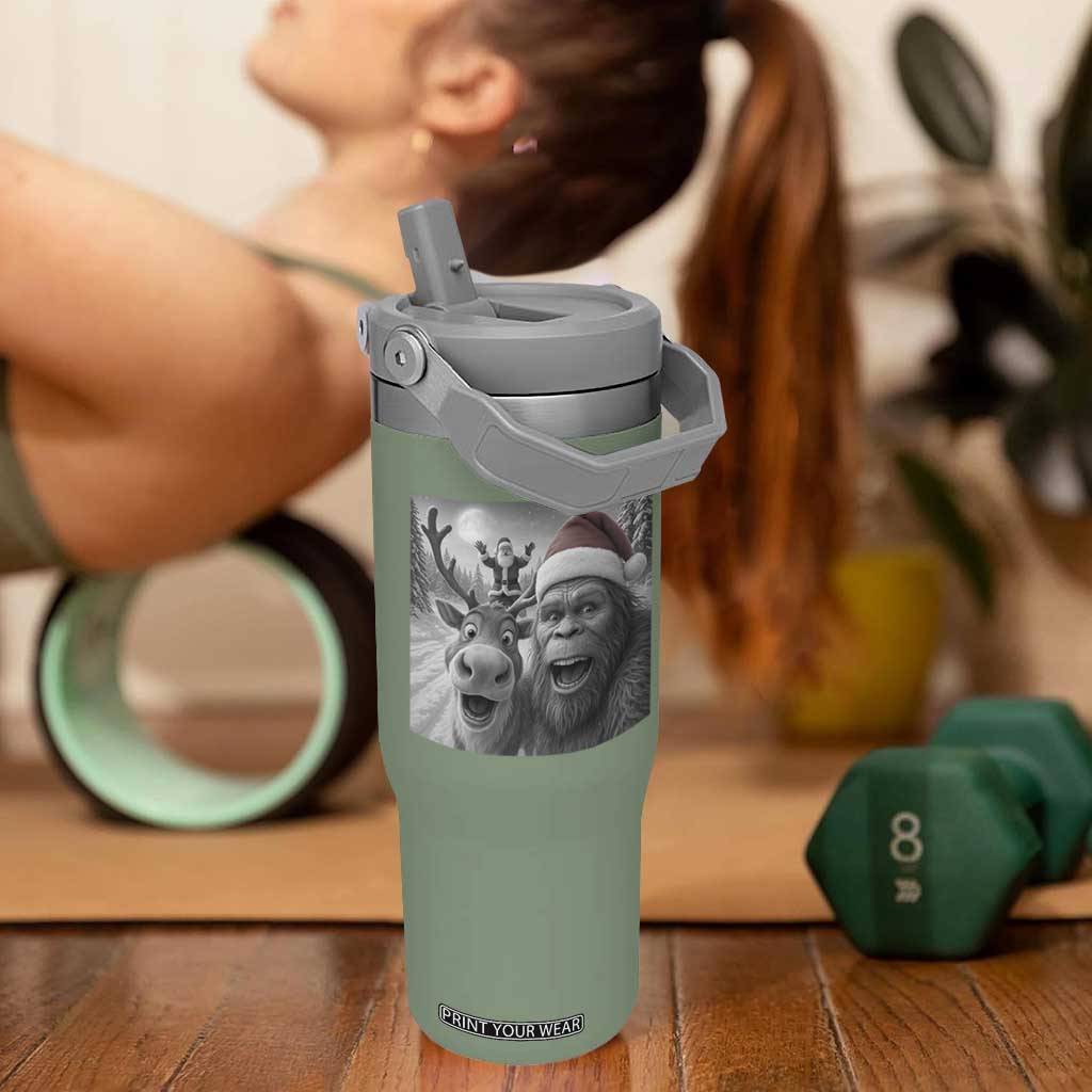 Funny Bigfoot Selfie Christmas Flip Straw Tumbler Santa Reindeer Sasquatch Xmas TS14 One Size: 30 oz Moss Green Print Your Wear