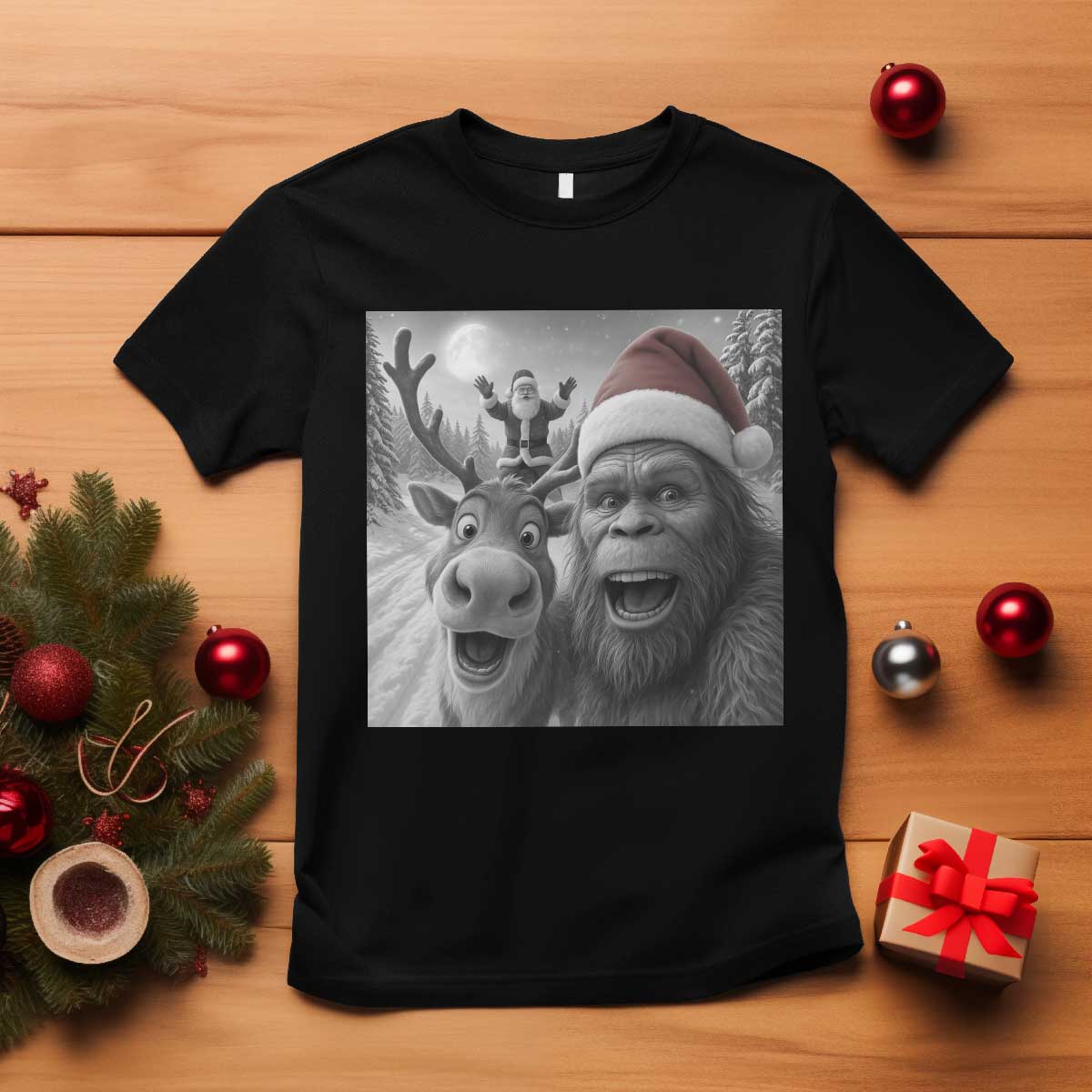 Funny Bigfoot Selfie Christmas T Shirt Santa Reindeer Sasquatch Xmas TS14 Black Print Your Wear