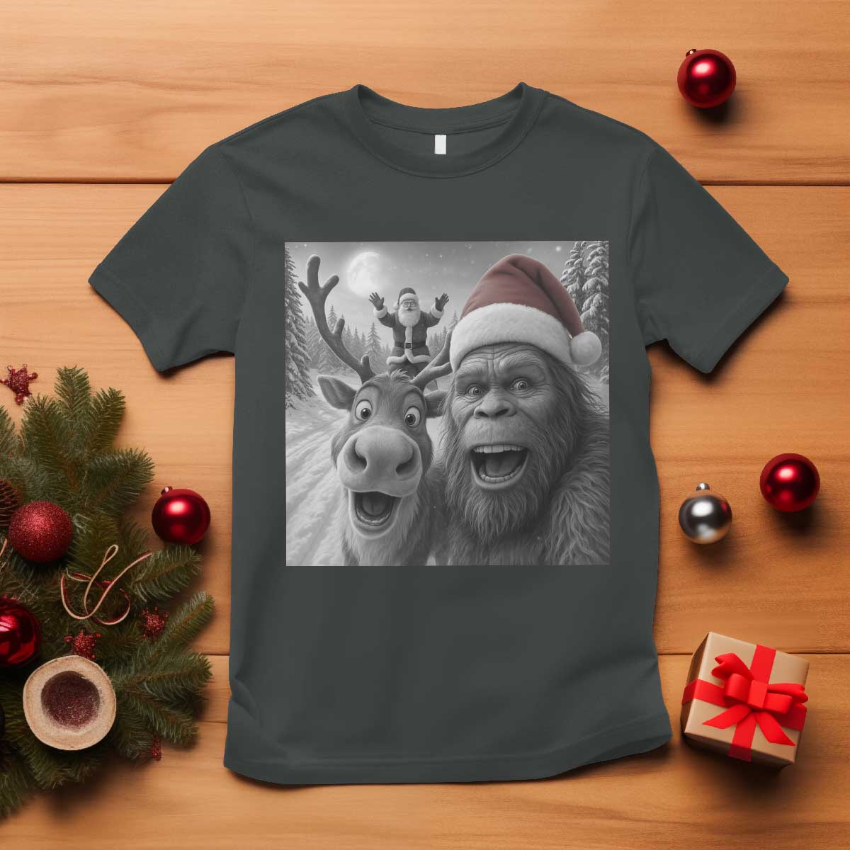 Funny Bigfoot Selfie Christmas T Shirt Santa Reindeer Sasquatch Xmas TS14 Dark Heather Print Your Wear