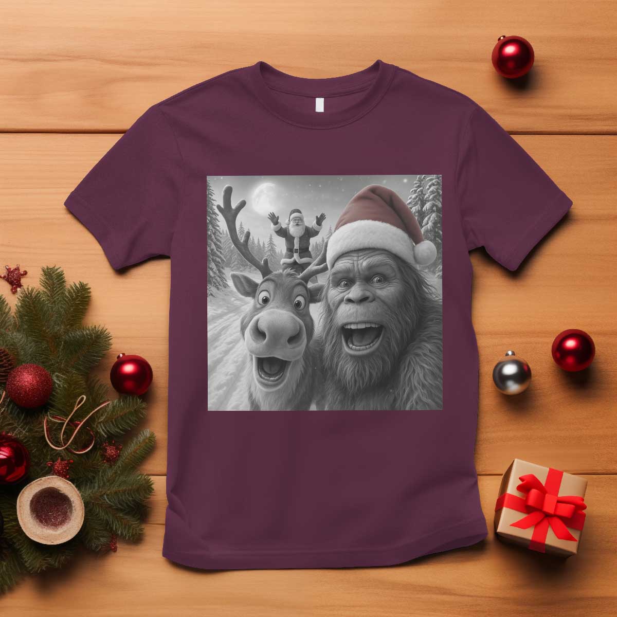 Funny Bigfoot Selfie Christmas T Shirt Santa Reindeer Sasquatch Xmas TS14 Maroon Print Your Wear
