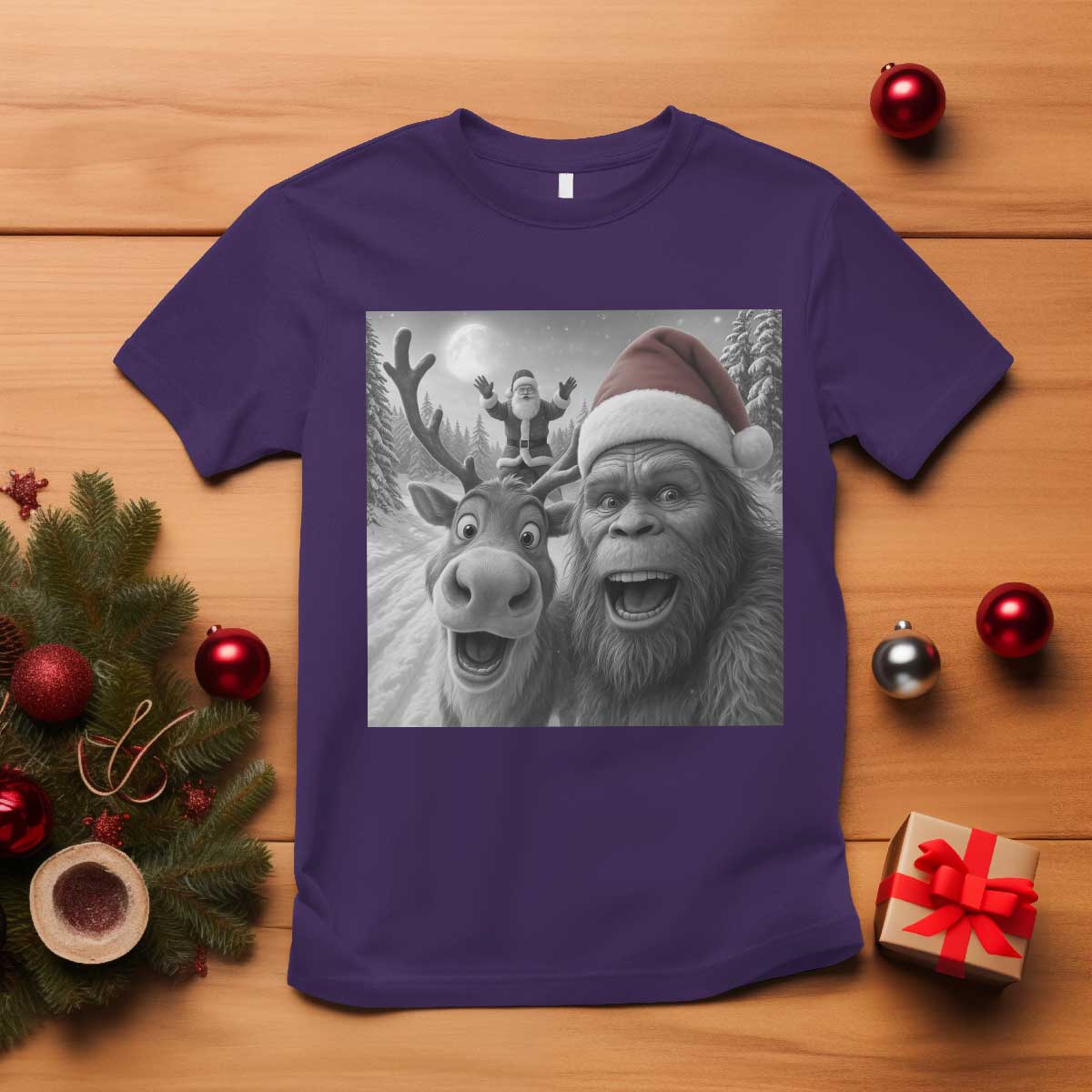 Funny Bigfoot Selfie Christmas T Shirt Santa Reindeer Sasquatch Xmas TS14 Purple Print Your Wear