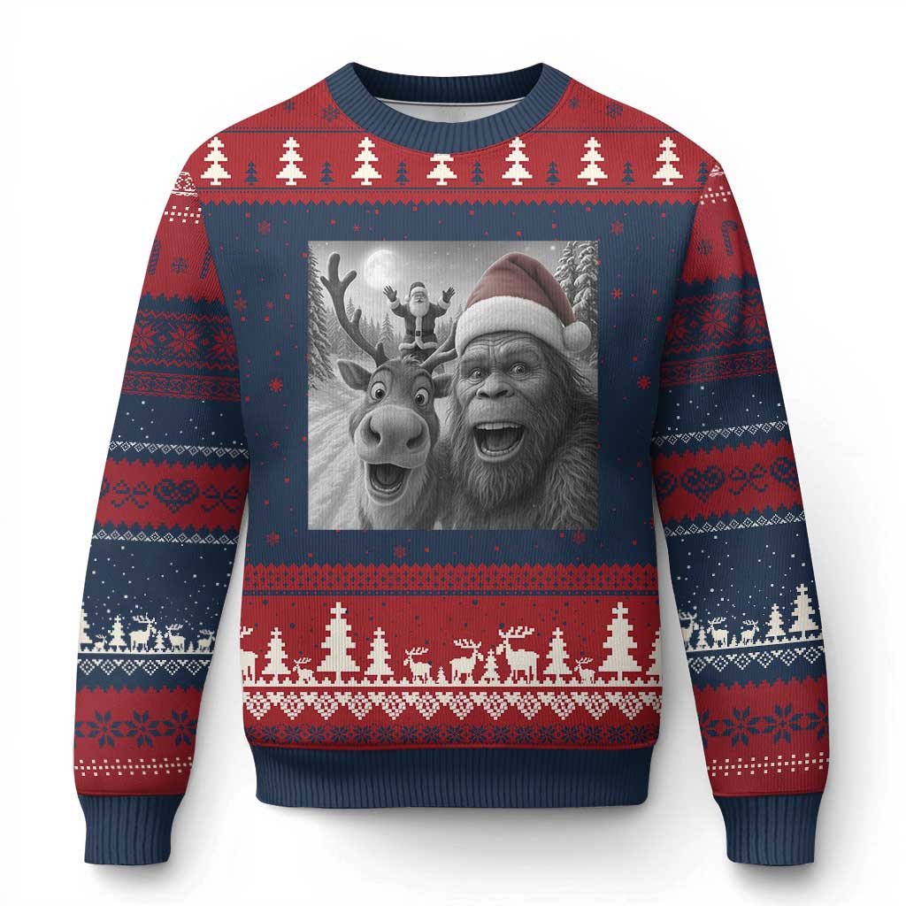 Funny Bigfoot Selfie Xmas Ugly Christmas Sweater Santa Reindeer Sasquatch Xmas TS14 Navy Red Print Your Wear