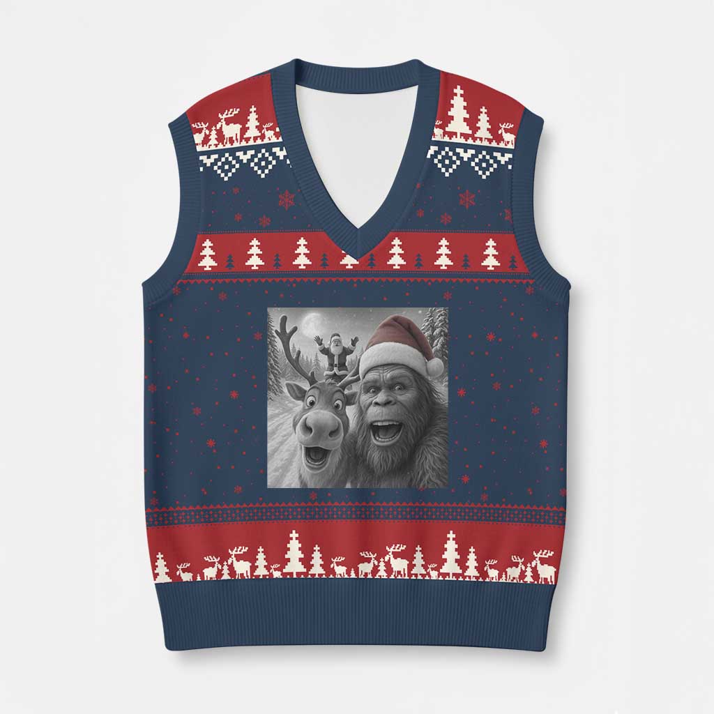 Funny Bigfoot Selfie Xmas V-Neck Knit Sweater Vest Santa Reindeer Sasquatch Xmas TS14 Navy Red Print Your Wear