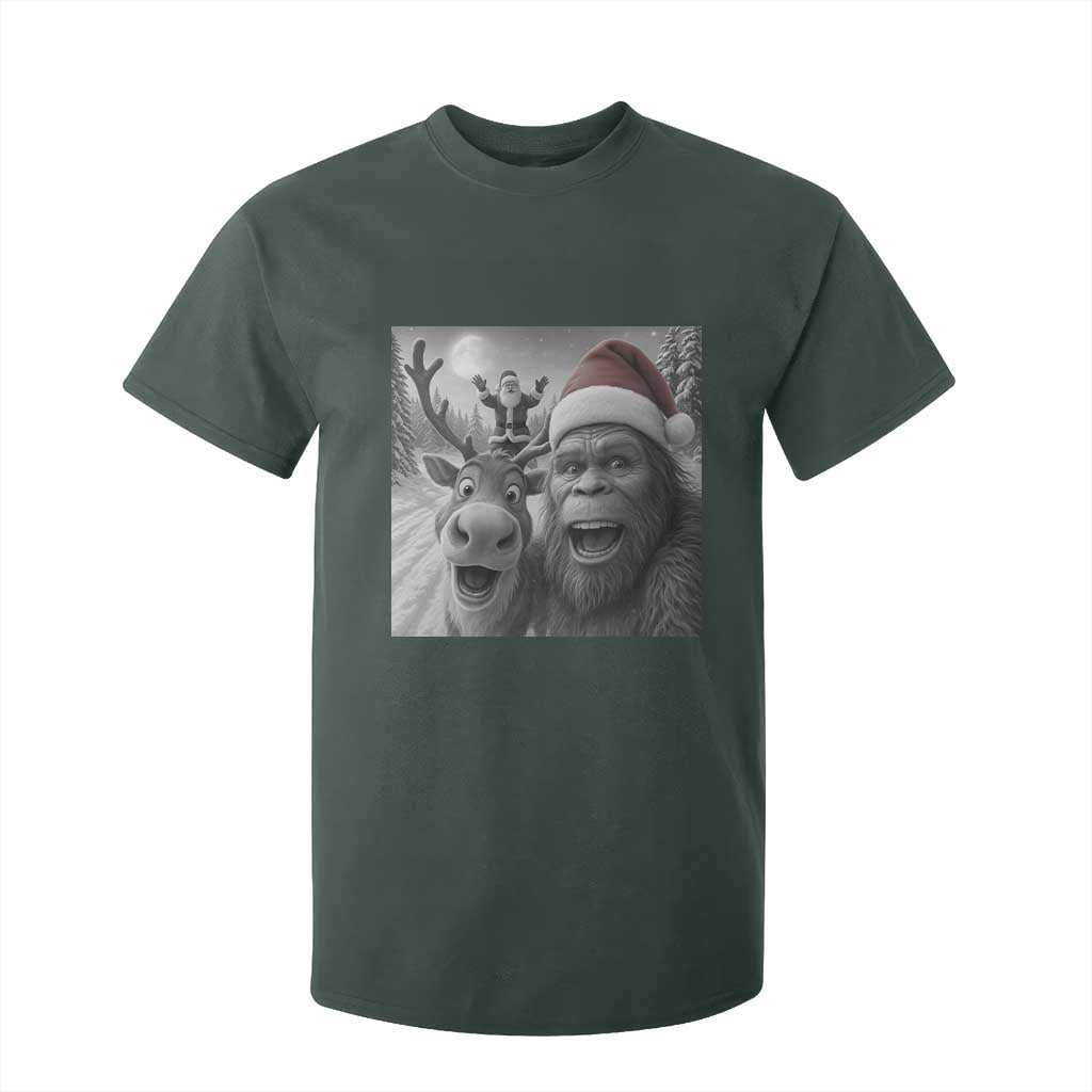 Funny Bigfoot Selfie Christmas T Shirt For Kid Santa Reindeer Sasquatch Xmas TS14 Dark Forest Green Print Your Wear