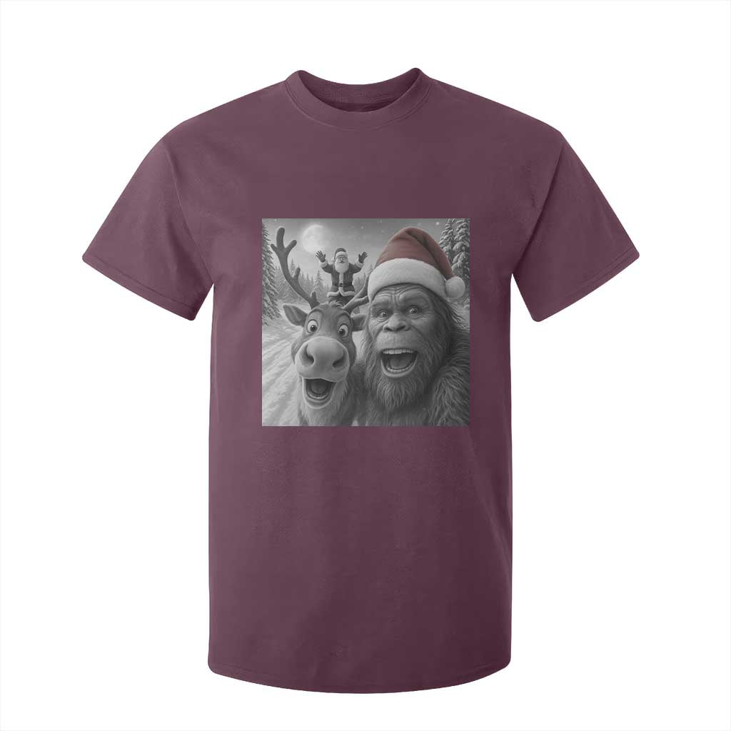 Funny Bigfoot Selfie Christmas T Shirt For Kid Santa Reindeer Sasquatch Xmas TS14 Maroon Print Your Wear